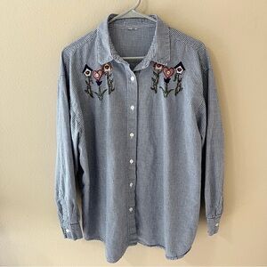 Vintage Gingham Shirt Womens Large XL Navy White Top Embroidered Grannycore